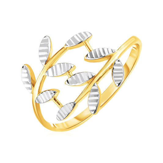 14k Two Tone Gold Crossover Ring with Textured Leaves(1.50 mm)