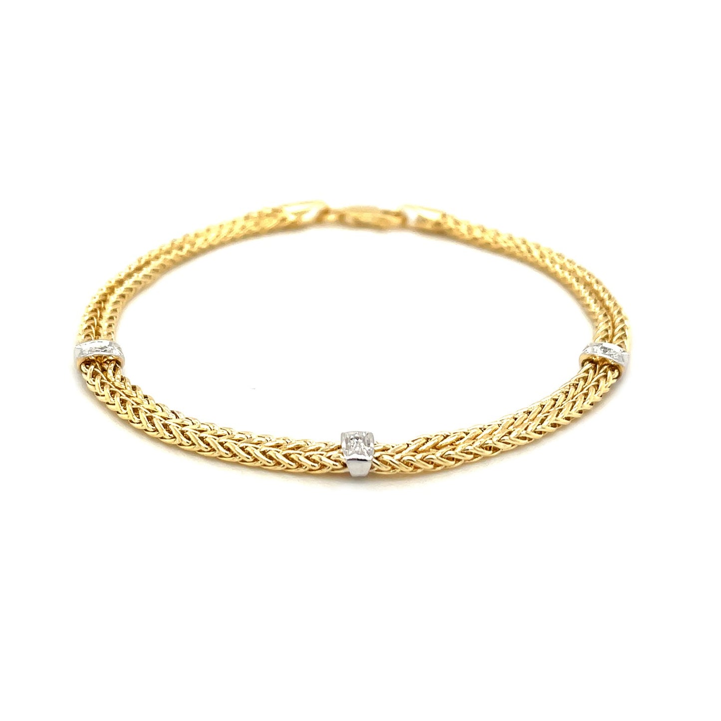 14k Two-Tone Gold Dual Wheat Chain Bracelet with Diamond Stations (3.75 mm)