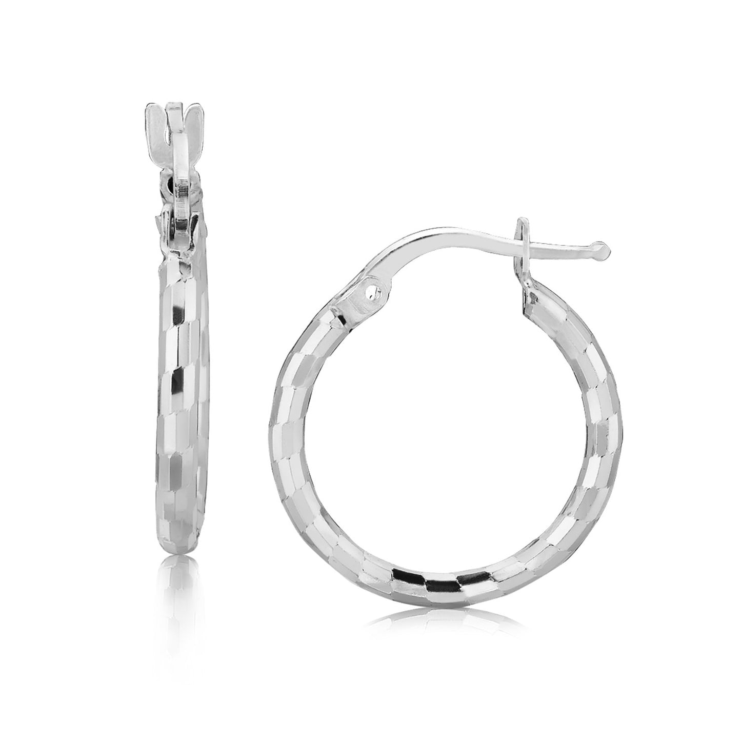 Sterling Silver Rhodium Plated Diamond Cut Small Hoop Earrings (2x15mm)