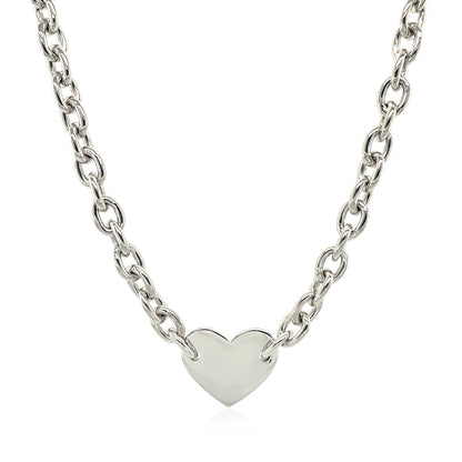 Sterling Silver Rhodium Plated Chain Bracelet with a Flat Heart Motif Station