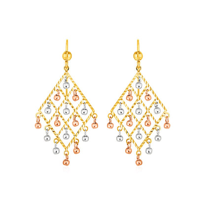 Textured Chandelier Earrings with Ball Drops in 14k Tri Color Gold