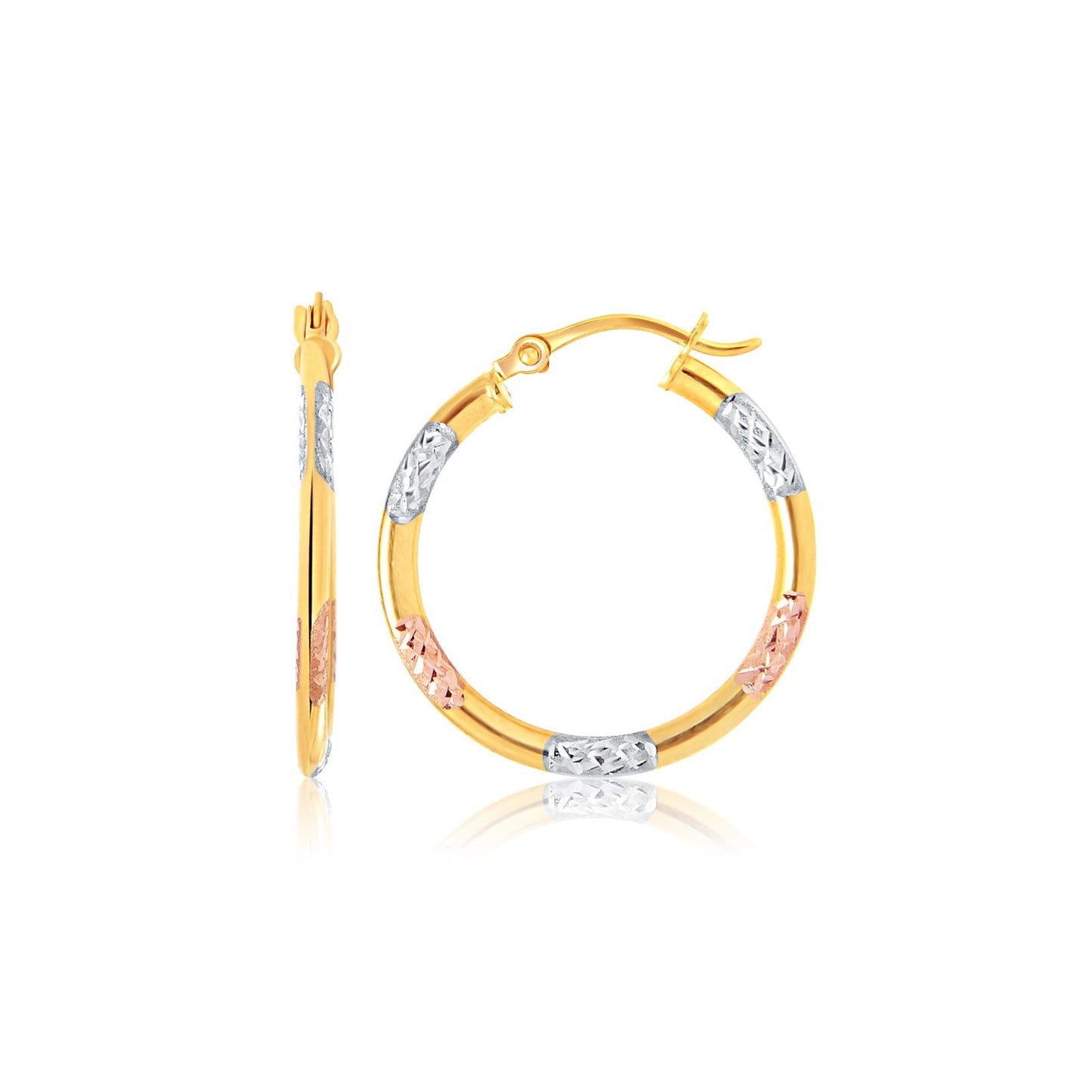 Tri-Color Hoop Earrings with Diamond Cut Accents in 14k Gold(2x15mm)