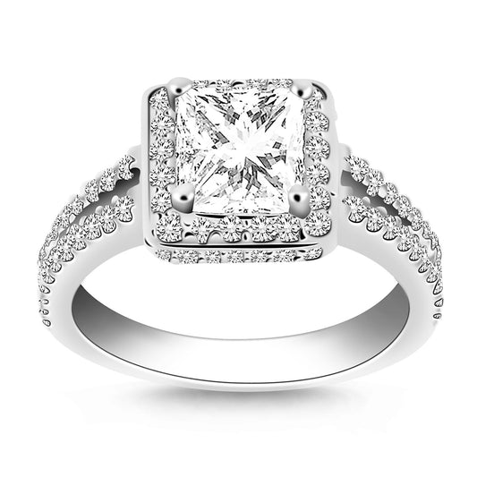 14k White Gold Diamond Halo Split Shank Engagement Ring Mounting