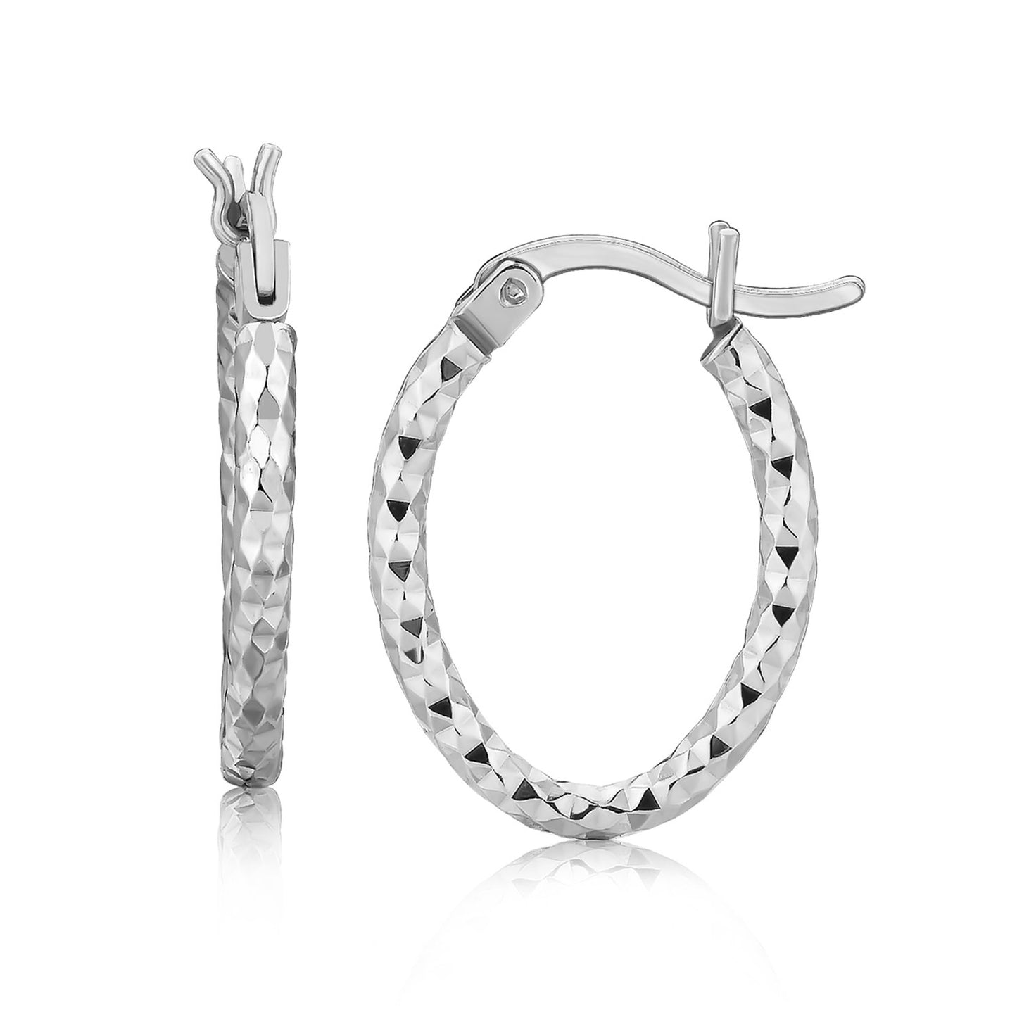 Sterling Silver Rhodium Plated Small Oval Hoop Diamond Cut Textured Earrings(2x10mm)