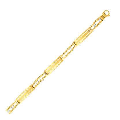 14k Two-Tone Gold Fancy Bar Style Mens Bracelet with Curved Connectors (9.65 mm)