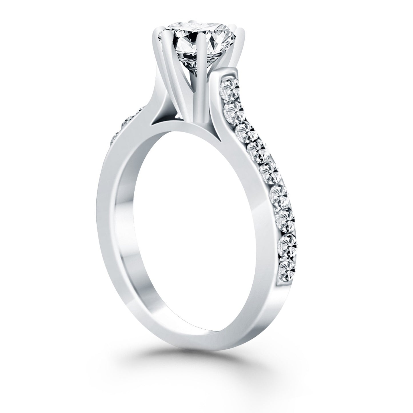 14k White Gold Curved Shank Engagement Ring Mounting with Pave Diamonds