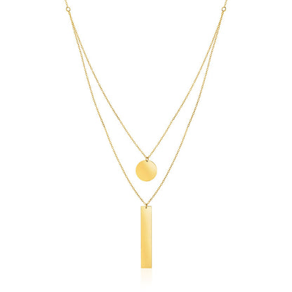 14k Yellow Gold 18 inch Two Strand Necklace with Circle and Bar Pendants