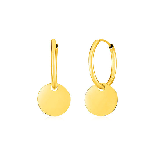 14k Yellow Gold Huggie Style Hoop Earrings with Circle Drops