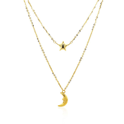 14k Yellow Gold Double-Strand Chain Necklace with Puff Moon and Star