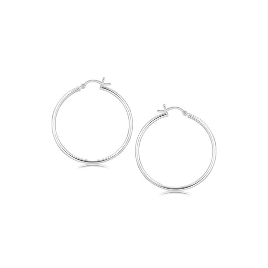 Sterling Silver Rhodium Plated Thin and Polished Hoop Style Earrings (2x35mm)