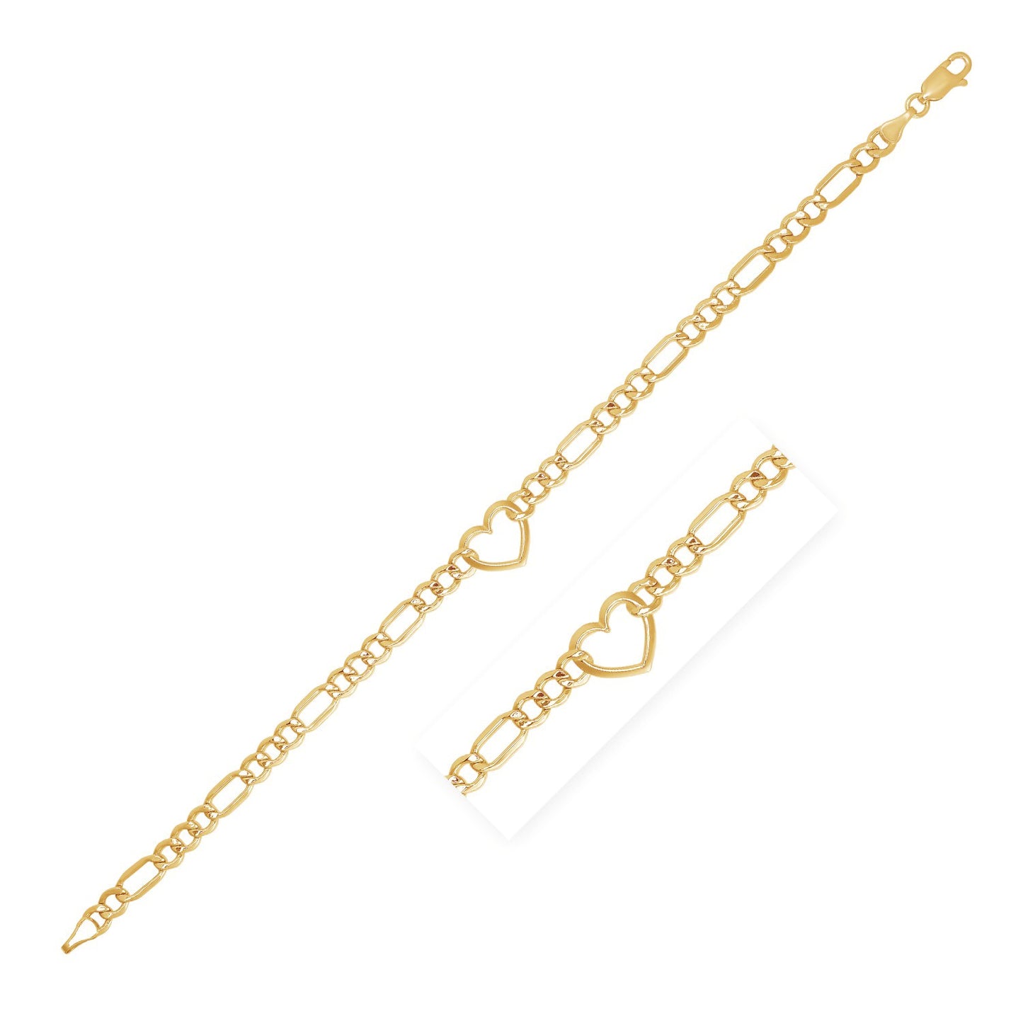 14k Yellow Gold 7 inch Figaro Chain Bracelet with Heart (4.50 mm)