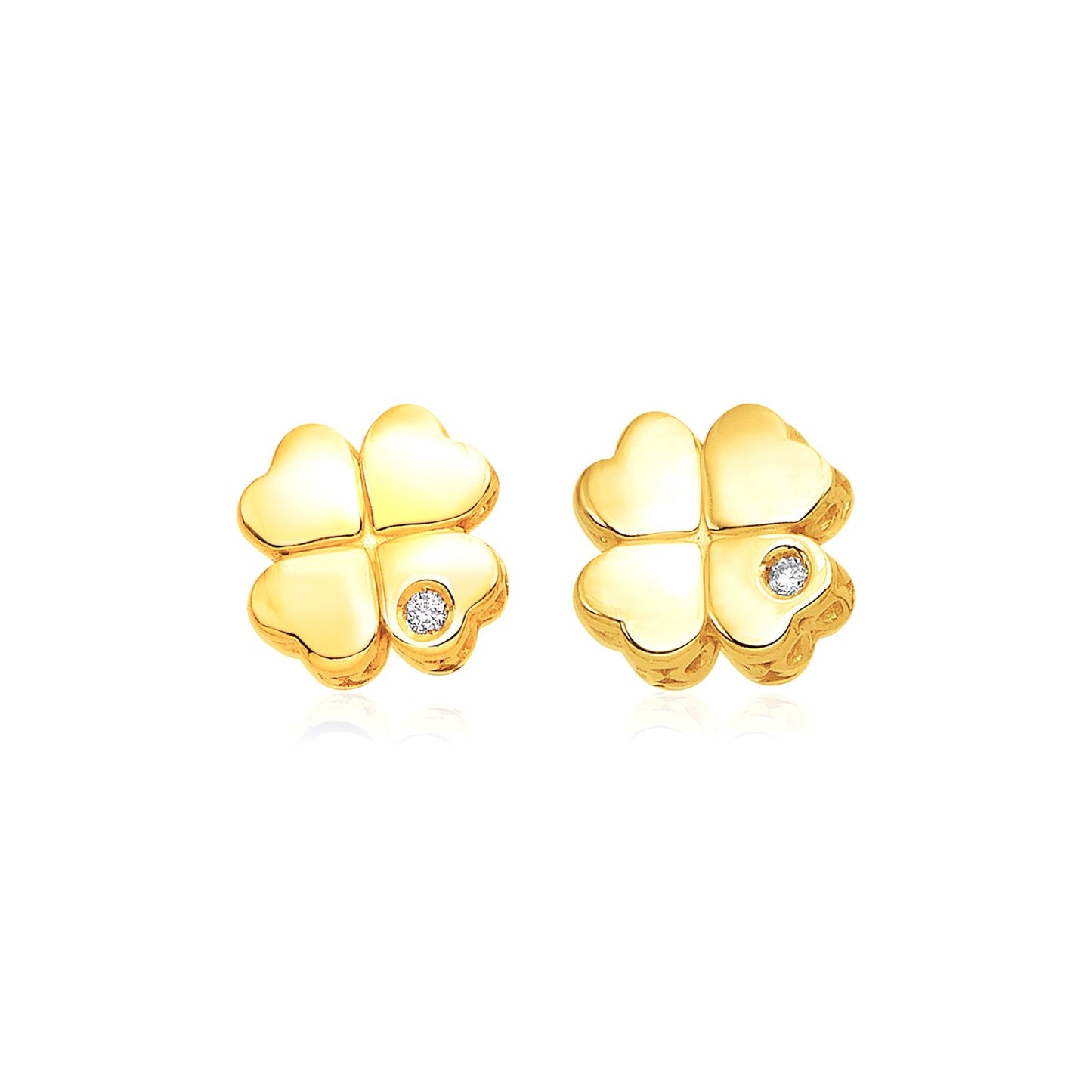 14k Yellow Gold Polished Four Leaf Clover Earrings with Diamonds(7mm)
