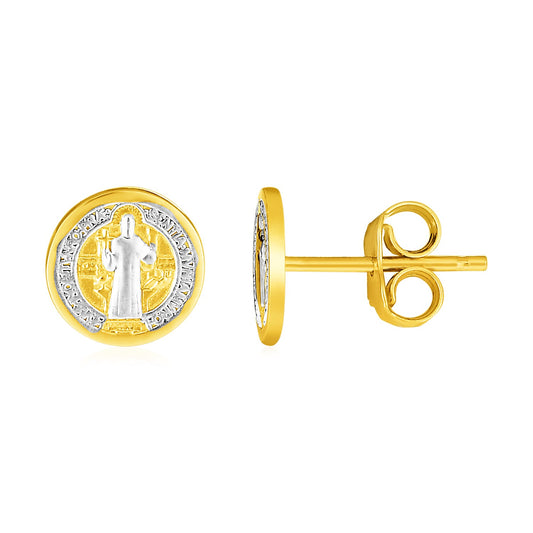 14k Two Tone Gold Round Religious Medal Post Earrings(8mm)