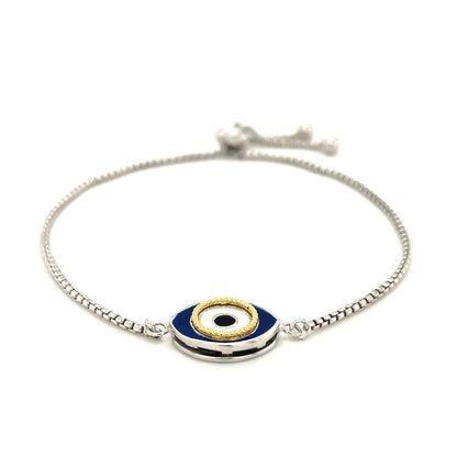 Sterling Silver Adjustable Two Toned Enameled Evil Eye Friendship Bracelet (1.00 mm)