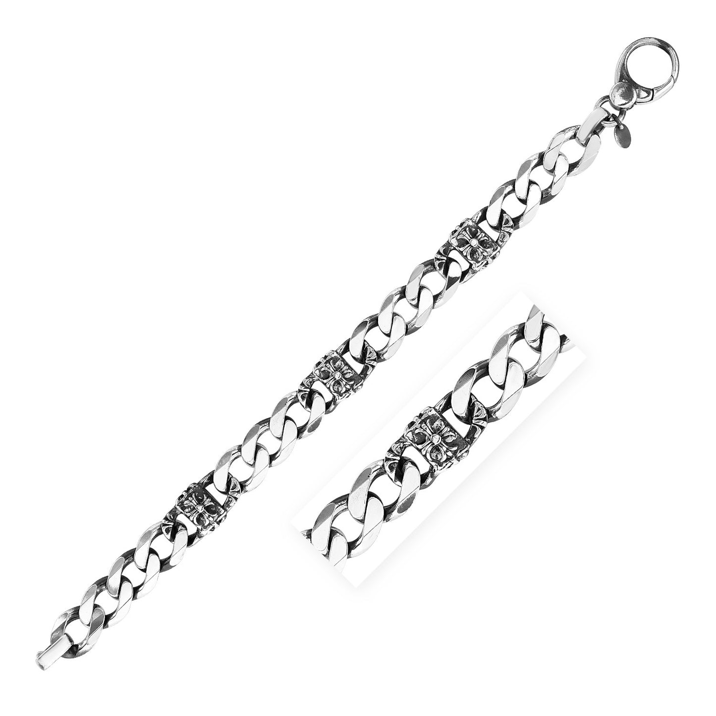 Sterling Silver Gunmetal Finish Cuban Link Bracelet with Floral Design (11.50 mm)