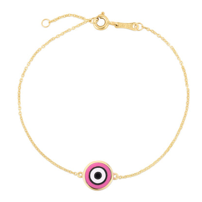 14k Yellow Gold Pink Evil Eye Bracelet (1.00 mm)