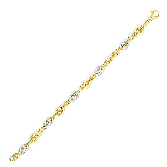 14k Two-Tone Gold Interlaced Smooth and Textured Link Bracelet (10.00 mm)