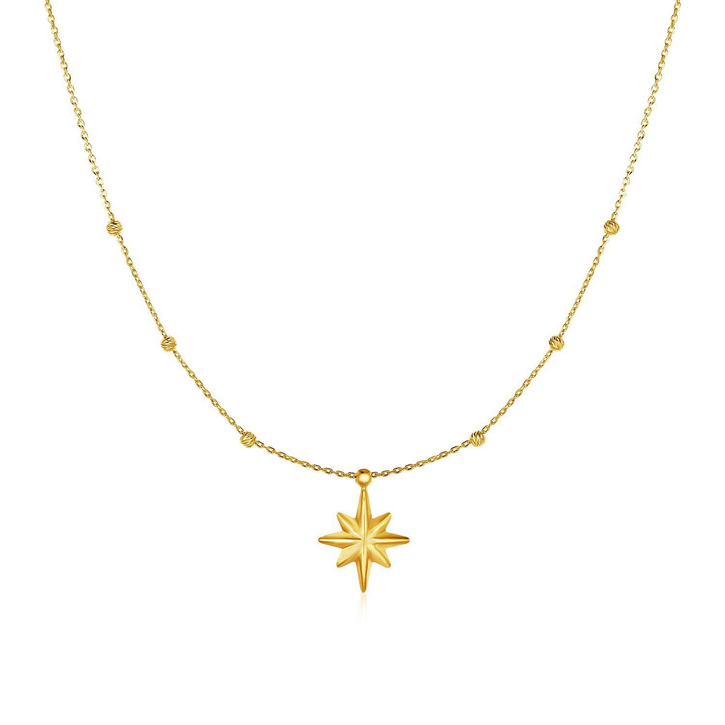 14k Yellow Gold Necklace with Eight Pointed Star and Beads