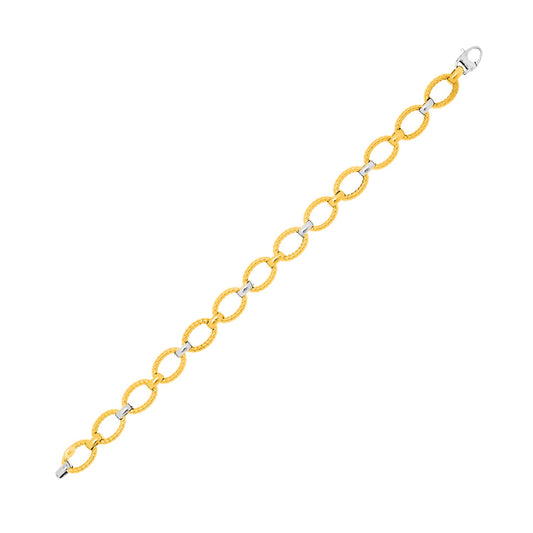14k Two-Tone Gold Chain Bracelet with Textured Oval Links (6.35 mm)