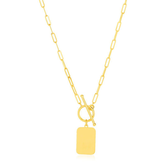 14k Yellow Gold Paperclip Chain Necklace with Rounded Rectangle Pendant