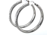 Sterling Silver Rhodium Plated Hoop Marquise Motif Diamond Cut  Earrings (3x30mm)