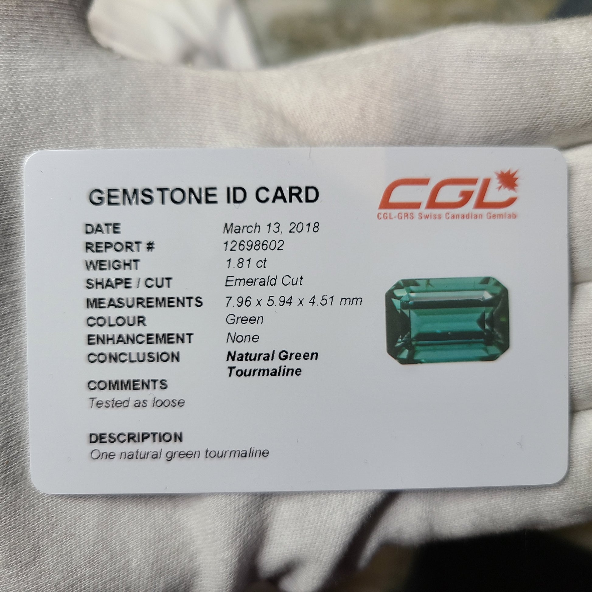 1.81 Ct CGL Certified Green Tourmaline | Northern Gem Supply